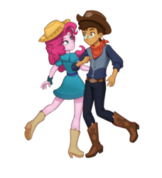 Size: 2055x2256 | Tagged: safe, artist:anon_bardos, pinkie pie, oc, oc:copper plume, equestria girls, g4, belt, belt buckle, boots, canon x oc, clothes, commission, commissioner:imperfectxiii, copperpie, cowboy boots, cowboy hat, cowgirl outfit, dancing, farmer pinkie, female, freckles, glasses, hat, high res, male, neckerchief, pants, shirt, shoes, simple background, smiling, square dance, straight, white background