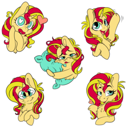 Size: 1164x1169 | Tagged: safe, artist:cutepencilcase, sunset shimmer, pony, unicorn, g4, commission, cute, female, heart, heart eyes, mare, pillow, shimmerbetes, simple background, sleepy, solo, sticker, telegram, telegram sticker, white background, wingding eyes