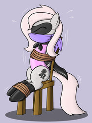 Size: 1024x1365 | Tagged: safe, artist:nivek15, oc, oc only, oc:violet, pony, arm behind back, bondage, boots, bound and gagged, box tied, cape, captured, chair, cloth gag, clothes, damsel in distress, eyes closed, gag, hero, leotard, mask, rope, rope bondage, rubber, shoes, sitting, solo, struggling, tied to chair, tied up