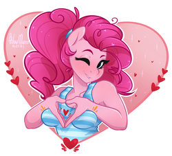 Size: 2200x2000 | Tagged: safe, artist:hiloumuns, pinkie pie, earth pony, anthro, g4, clothes, cute, diapinkes, female, heart, heart hands, high res, lip bite, one eye closed, solo, tank top, wink