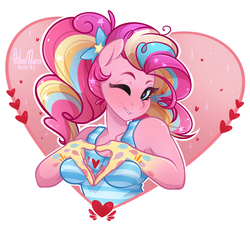 Size: 2200x2000 | Tagged: safe, artist:hiloumuns, pinkie pie, earth pony, anthro, g4, clothes, cute, diapinkes, female, heart, high res, lip bite, mare, one eye closed, rainbow power, solo, tank top, wink