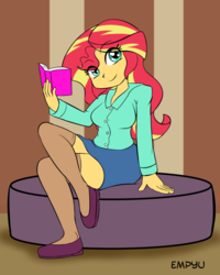 Size: 800x1000 | Tagged: safe, artist:empyu, sunset shimmer, equestria girls, g4, book, female, looking at you, solo