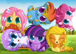 Size: 1500x1067 | Tagged: safe, artist:berrypawnch, applejack, fluttershy, pinkie pie, rainbow dash, rarity, twilight sparkle, pegasus, pony, g4, applejack (g5 concept leak), berrypawnch is trying to murder us, bracelet, braid, chibi, cloud, cute, dashabetes, diapinkes, earth pony twilight, fainting couch, female, fluttershy (g5 concept leak), g5 concept leak style, g5 concept leaks, hiding, jackabetes, jewelry, looking at you, mane six, mane six (g5 concept leak), mare, pegasus pinkie pie, pinkie pie (g5 concept leak), race swap, rainbow dash (g5 concept leak), raribetes, rarity (g5 concept leak), shyabetes, smiling, twiabetes, twilight sparkle (g5 concept leak), unicorn fluttershy