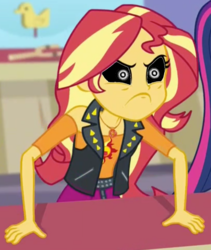 Size: 903x1071 | Tagged: safe, edit, edited screencap, screencap, sunset shimmer, equestria girls, equestria girls specials, g4, my little pony equestria girls: better together, my little pony equestria girls: rollercoaster of friendship, angry, black sclera, cropped, five nights at freddy's, five nights at freddy's 3, solo focus, springtrap, springtrap shimmer, white eyes