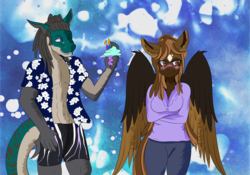 Size: 2000x1400 | Tagged: safe, artist:coffeevixxen, oc, oc only, oc:island breeze, oc:rogue wave, original species, shark pony, anthro, anthro oc, blushing, clothes, commission, crossed arms, cupcake, female, food, gift art, islandwaves, male, mare, open clothes, pants, shirt, tiger shark pony