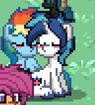 Size: 193x213 | Tagged: safe, queen chrysalis, rainbow dash, scootaloo, shining armor, pony, pony town, g4, blushing, female, infidelity, kissing, male, plushie, shiningdash, shipping, straight