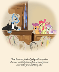 Size: 1500x1800 | Tagged: safe, artist:zaid val'roa, apple bloom, big macintosh, scootaloo, sweetie belle, earth pony, pegasus, pony, unicorn, g4, bow, caption, courtroom, courtroom sketch, cutie mark crusaders, fanfic art, flag, hair bow, judge