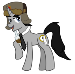 Size: 1852x1825 | Tagged: safe, artist:rodan00, derpibooru exclusive, oc, oc only, oc:ragtime melody, pony, unicorn, alcohol, hat, male, request, show accurate, simple background, solo, soviet, stallion, transparent background, ushanka, vector, vodka