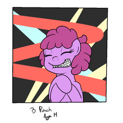 Size: 800x800 | Tagged: safe, artist:bennimarru, berry punch, berryshine, earth pony, pony, g4, abstract background, braces, eyes closed, female, smiling, solo, younger