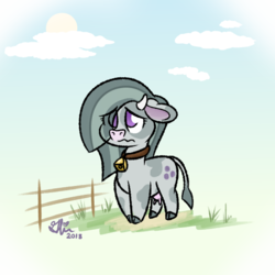 Size: 540x540 | Tagged: safe, artist:glimglam, marble pie, cow, cow pony, g4, bell, bell collar, chibi, collar, cowbell, cowified, cute, eye clipping through hair, female, hair over one eye, marblebetes, mooble pie, solo, species swap, udder