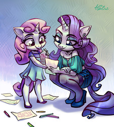Size: 2342x2588 | Tagged: safe, artist:holivi, rarity, sweetie belle, unicorn, anthro, plantigrade anthro, g4, belle sisters, clothes, crayon, cute, diasweetes, dress, duo, ear piercing, earring, female, filly, foal, high heels, high res, jewelry, mare, open mouth, paper, piercing, shoes, siblings, side slit, signature, sisters, skirt, smiling, stockings, thigh highs