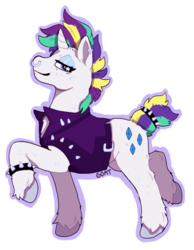 Size: 600x774 | Tagged: safe, artist:kittycoot, rarity, pony, unicorn, g4, alternate hairstyle, bracelet, clothes, ear piercing, female, jewelry, looking at you, mare, nose piercing, nose ring, piercing, proud, punk, raised hoof, raripunk, simple background, solo, spiked wristband, starry eyes, studded bracelet, white background, wingding eyes, wristband