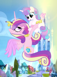 Size: 1076x1460 | Tagged: safe, artist:crystalhearts123yt, princess cadance, princess flurry heart, pony, g4, crystal empire, female, flying, holding a pony, mother and daughter, motherly, older