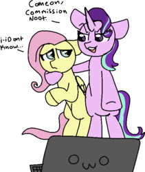 Size: 500x593 | Tagged: safe, artist:nootaz, fluttershy, starlight glimmer, g4, advertisement, computer, duo, laptop computer, missing cutie mark, owo, simple background, transparent background
