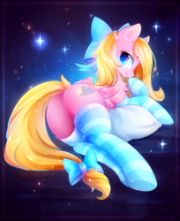 Size: 2641x3240 | Tagged: safe, artist:koveliana, oc, oc only, oc:bay breeze, pegasus, pony, blonde, blonde hair, blue background, bound, bow, butt, chest fluff, clothes, cutie mark, dock, featureless crotch, female, hair bow, hair ribbon, heart, heart eyes, high res, hooves, kneesocks, looking at you, looking back, lying, mare, on pillow, pillow, pink, plot, presenting, rear view, smiling, smirk, sock, socks, solo, sparkles, stars, stockings, striped legwear, striped socks, tail bow, thigh highs, underhoof, wingding eyes