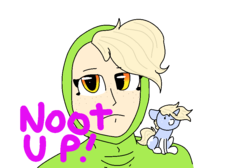 Size: 940x630 | Tagged: safe, artist:nootaz, oc, oc:nootaz, human, pony, unicorn, coat markings, female, freckles, mare, simple background, socks (coat markings), the eric andre show, tiny ponies, transparent background