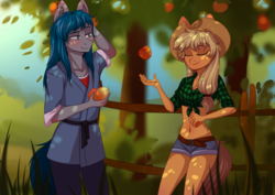 Size: 3508x2480 | Tagged: safe, artist:shiro-roo, applejack, oc, oc:hiroki, anthro, g4, apple, arm behind head, belly, belly button, canon x oc, clothes, couple, cowboy hat, daisy dukes, dappled sunlight, duo, female, flannel, food, front knot midriff, hat, high res, hirojack, kimono (clothing), midriff, orchard, scar, shirt, shirt lift, shorts, smiling, stetson