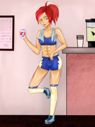 Size: 2448x3264 | Tagged: safe, artist:vinviasshine, spitfire, human, g4, abs, alternative colors, cafeteria, clothes, female, high res, humanized, kneesocks, ponytail, shoes, sneakers, socks, soda, solo, towel, uniform, wonderbolts uniform