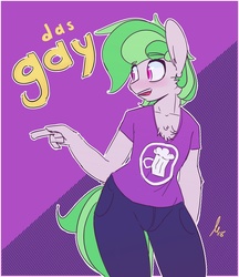 Size: 885x1024 | Tagged: safe, artist:loneless-art, oc, oc only, oc:lone, anthro, clothes, femboy, jeans, male, pants, shirt, solo, text, that's gay, wide hips
