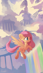Size: 2765x4683 | Tagged: safe, artist:freeedon, fluttershy, pegasus, pony, g4, belly button, cloudsdale, ear fluff, female, flying, high res, mare, outdoors, rainbow waterfall, scenery, smiling, solo, spread wings, wings