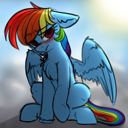 Size: 2000x2000 | Tagged: safe, artist:yoditax, color edit, edit, rainbow dash, pegasus, pony, g4, blushing, chest fluff, colored, colored sketch, cute, dashabetes, eyebrows, eyebrows visible through hair, female, floppy ears, high res, lidded eyes, looking at you, mare, raised eyebrow, raised hoof, sitting, sketch, solo, spread wings, wings