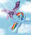 Size: 3781x4200 | Tagged: safe, artist:drahgoon, rainbow dash, twilight sparkle, alicorn, pegasus, pony, g4, cloud, duo, eye contact, female, flying, looking at each other, mare, open mouth, sky, smiling, twilight sparkle (alicorn)