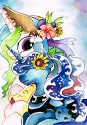 Size: 2409x3437 | Tagged: safe, artist:mashiromiku, princess celestia, princess luna, g4, duo, female, flower, flower in hair, hat, high res, sisters, summer, sun hat, traditional art, watercolor painting