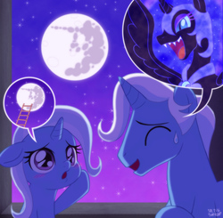 Size: 1000x979 | Tagged: safe, artist:uotapo, jack pot, nightmare moon, trixie, alicorn, pony, unicorn, g4, cute, diatrixes, father and daughter, female, filly, filly trixie, foal, full moon, ladder, male, mare in the moon, moon, stallion, younger