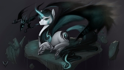 Size: 7200x4050 | Tagged: safe, artist:forgotten-wings, oc, oc only, oc:crystal night, pony, unicorn, absurd resolution, armor, debris, ethereal wings, female, glowing horn, horn, side view, solo, wingding eyes, wings