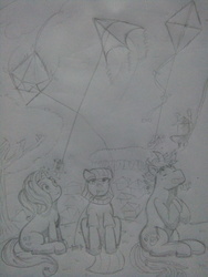Size: 2448x3264 | Tagged: safe, artist:everythingyouhate69, maud pie, starlight glimmer, oc, earth pony, pony, unicorn, g4, glowing horn, high res, horn, kite, kite flying, monochrome, pencil drawing, that pony sure does love kites, traditional art