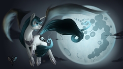 Size: 4800x2700 | Tagged: safe, artist:forgotten-wings, oc, oc only, oc:crystal night, pony, unicorn, armor, dark, ethereal wings, female, flying, full moon, mare, mare in the moon, moon, night, solo, wings