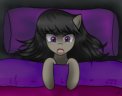Size: 630x494 | Tagged: safe, artist:atsu-mist, octavia melody, earth pony, pony, g4, bed, bedding, crying, dark, fear, female, in bed, mare, night, nightmare, open mouth, solo, teary eyes, wingding eyes