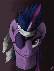 Size: 1000x1333 | Tagged: safe, artist:1jaz, twilight sparkle, pony, unicorn, g4, alternate hairstyle, bandage, bust, dark, eyepatch, female, future twilight, injured, looking at you, portrait, scratching, serious, serious face, solo