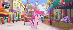 Size: 1280x536 | Tagged: safe, screencap, concord grape, mochaccino, pinkie pie, rare find, sweet strum, earth pony, pony, g4, my little pony: the movie, background pony, canterlot, canterlot shopkeep, cart, female, japanese, male, mare, market, stallion, unnamed character, unnamed pony, we got this together