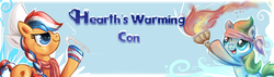 Size: 1260x358 | Tagged: safe, artist:avui, oc, oc only, oc:ember, oc:ember (hwcon), oc:glace (hwcon), earth pony, pony, hearth's warming con, hearth's warming con 2018, banner, clothes, colt, duo, dutch cap, female, hat, headband, ice skates, male, mare, mascot, netherlands, olympic torch, scarf