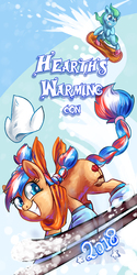 Size: 3937x7874 | Tagged: safe, artist:avui, oc, oc only, oc:ember, oc:ember (hwcon), oc:glace (hwcon), earth pony, pony, hearth's warming con, hearth's warming con 2018, colt, duo, dutch cap, female, hat, male, mare, mascot, netherlands, skiing, skis, snowboard, snowboarding