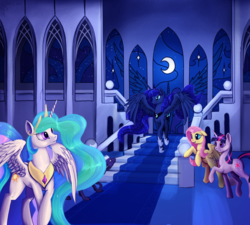 Size: 3000x2700 | Tagged: safe, artist:dalagar, fluttershy, princess celestia, princess luna, twilight sparkle, oc, alicorn, earth pony, pegasus, pony, g4, castle, female, indoors, interior, majestic, night, sisters, spread wings, stained glass, stairs, wings