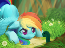 Size: 2397x1795 | Tagged: safe, artist:draconidsmxz, rainbow dash, tank, pegasus, pony, tortoise, g4, tanks for the memories, bending, colored pupils, crying, cute, dandelion, dashabetes, duo, face down ass up, featured image, female, floppy ears, grass, high res, looking at each other, looking at someone, male, mare, no nose, reunion, signature, smiling, spread wings, spring, sweet dreams fuel, tankabetes, tears of joy, teary eyes, wings