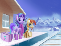 Size: 4795x3590 | Tagged: safe, artist:draconidsmxz, starlight glimmer, sunburst, pony, unicorn, g4, absurd resolution, boots, clothes, duo, duo male and female, female, horn, looking at you, male, mare, mountain, outdoors, scarf, shoes, snow, stallion, train station, winter