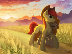 Size: 2397x1795 | Tagged: safe, artist:draconidsmxz, bright mac, pear butter, earth pony, pony, g4, female, field, food, male, mare, mountain, mountain range, scenery, ship:brightbutter, shipping, stallion, straight, wheat