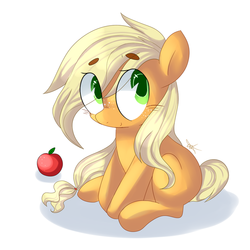 Size: 800x800 | Tagged: safe, artist:dddreamdraw, applejack, earth pony, pony, g4, apple, beanbrows, cute, eye clipping through hair, eyebrows, female, filly, food, freckles, jackabetes, looking at you, looking sideways, shadow, signature, simple background, sitting, smiling, solo, three quarter view, white background