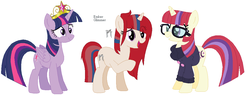 Size: 1132x432 | Tagged: safe, artist:creepysteeple, artist:goldengallows, artist:selenaede, moondancer, twilight sparkle, oc, oc:ember glimmer, alicorn, pony, unicorn, g4, base used, big crown thingy, element of magic, family, female, horn, jewelry, lesbian, magical lesbian spawn, offspring, parents:twidancer, regalia, ship:twidancer, shipping, simple background, twilight sparkle (alicorn), white background