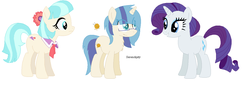 Size: 1208x426 | Tagged: safe, artist:creepysteeple, artist:goldengallows, coco pommel, rarity, oc, oc:serendipity, earth pony, pony, unicorn, g4, family, female, glasses, lesbian, magical lesbian spawn, mare, offspring, parents:marshmallow coco, ship:marshmallow coco, shipping, simple background, smiling, white background