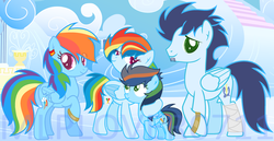 Size: 1024x528 | Tagged: dead source, oc name needed, safe, artist:mlplover0711, rainbow dash, soarin', oc, pegasus, pony, g4, family, female, male, offspring, parent:rainbow dash, parent:soarin', parents:soarindash, ship:soarindash, shipping, straight