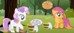 Size: 864x384 | Tagged: safe, edit, edited screencap, editor:korora, screencap, scootaloo, sweetie belle, g4, the cutie mark chronicles, bucket, bush, cropped, epic fail, fail, hook, noodle incident, scootaloo will show us games to play, speech bubble, text, tree, tree sap and pine needles, wash cloth, washcloth
