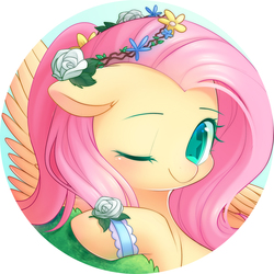 Size: 2000x2000 | Tagged: safe, artist:leafywind, fluttershy, pegasus, pony, g4, blushing, bush, bust, clothes, cute, female, flower, flower in hair, high res, looking at you, mare, one eye closed, portrait, shyabetes, smiling, smiling at you, solo, starry eyes, wingding eyes, wink, winking at you, wristband