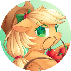 Size: 2000x2000 | Tagged: safe, artist:leafywind, applejack, earth pony, pony, g4, apple, applejack's hat, blushing, bow, bust, cowboy hat, cute, female, food, freckles, hair bow, hat, high res, jackabetes, looking at you, mare, mouth hold, portrait, rope, solo, starry eyes, stars, wingding eyes