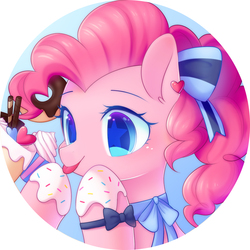 Size: 2000x2000 | Tagged: safe, artist:leafywind, pinkie pie, earth pony, pony, g4, blushing, bow, bowtie, bust, chocolate, clothes, cupcake, cute, diapinkes, donut, ear piercing, female, food, frosting, hair bow, heart, high res, licking, mare, piercing, portrait, silly, solo, sprinkles, starry eyes, stars, tongue out, wingding eyes, wristband