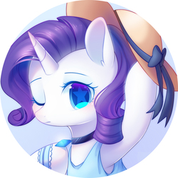 Size: 2000x2000 | Tagged: safe, artist:leafywind, rarity, pony, unicorn, g4, blushing, bow, bowtie, bust, choker, clothes, cute, female, hat, high res, looking at you, makeup, mare, one eye closed, portrait, raribetes, shirt, solo, starry eyes, stars, wingding eyes, wink, wristband