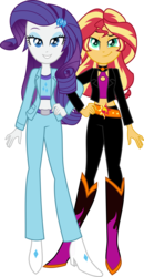 Size: 3632x7000 | Tagged: safe, artist:limedazzle, rarity, sunset shimmer, equestria girls, g4, boots, clothes, duo, duo female, female, high heel boots, lesbian, looking at you, pants, shipping, shoes, show accurate, simple background, smiling, sunsarity, tank top, transparent background